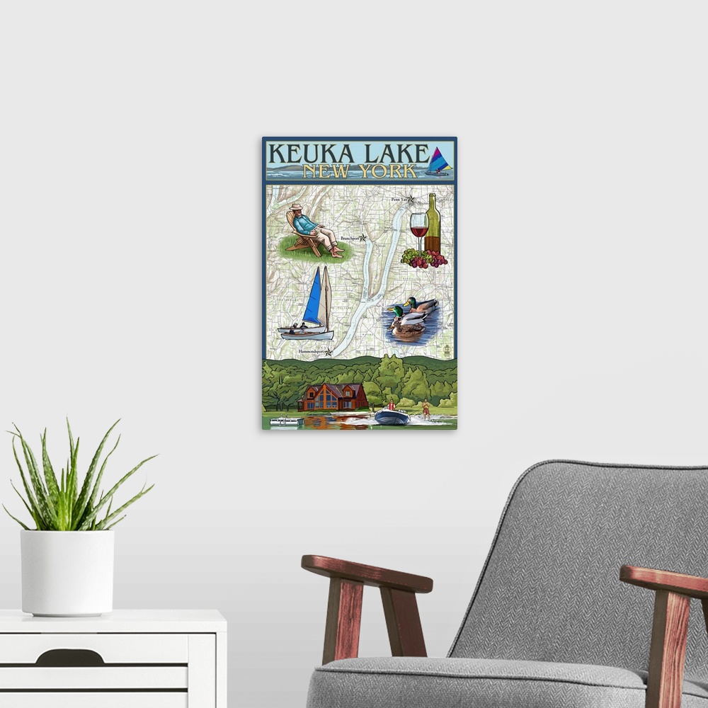 A modern room featuring Keuka Lake, New York - Nautical Chart: Retro Travel Poster