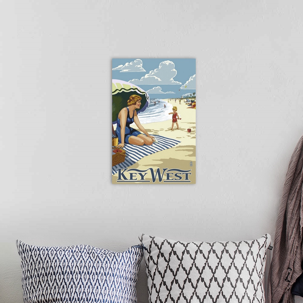 A bohemian room featuring Key West, Florida - Beach Scene: Retro Travel Poster