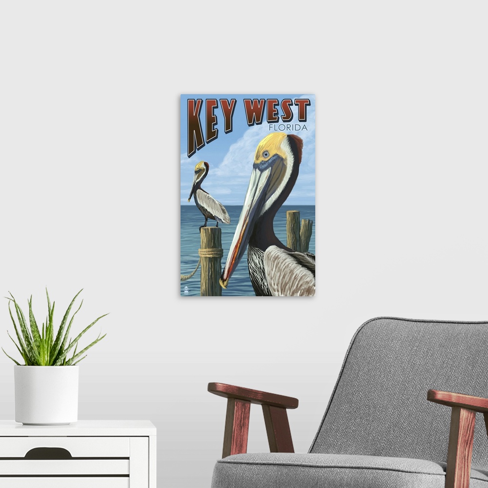A modern room featuring Key West, Florida - Brown Pelican: Retro Travel Poster