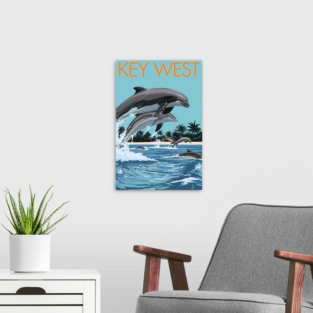 A modern room featuring Key West, Florida - Dolphins Swimming: Retro Travel Poster