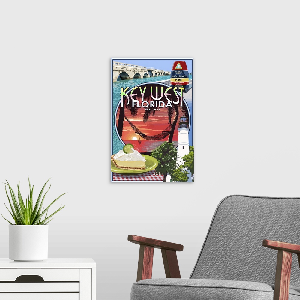 A modern room featuring Retro stylized art poster of a collection of images, including a lighthouse and a slice of key li...
