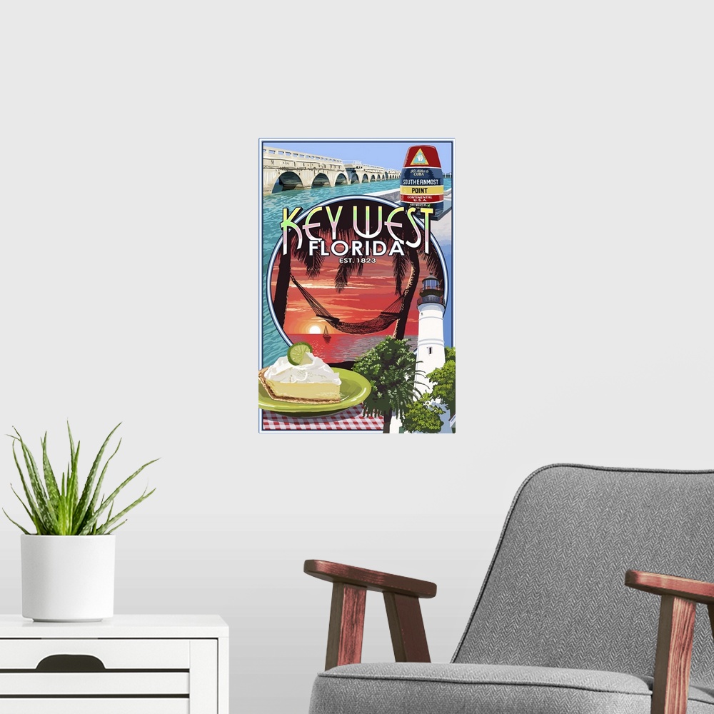 A modern room featuring Retro stylized art poster of a collection of images, including a lighthouse and a slice of key li...