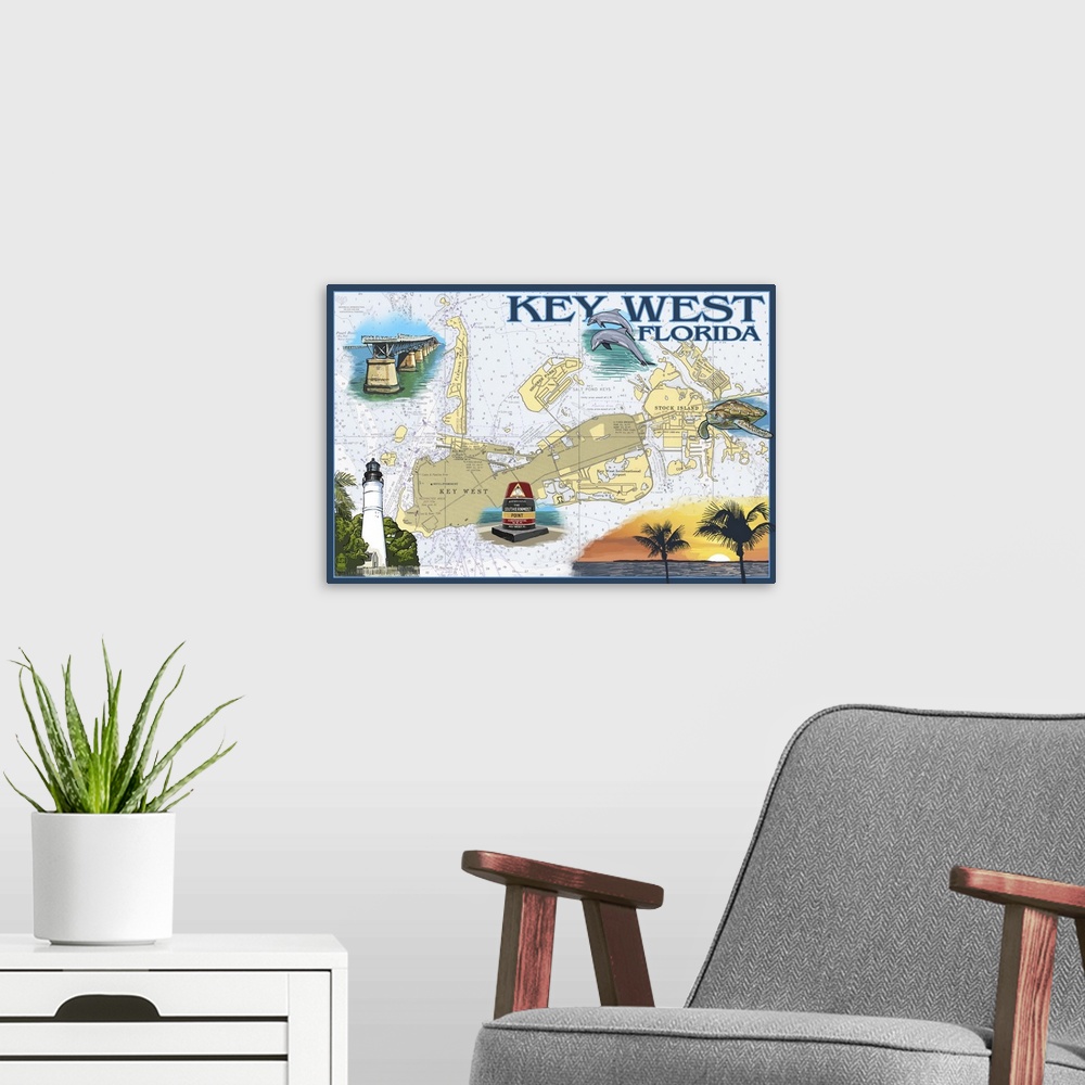 A modern room featuring Key West, Florida - Nautical Chart: Retro Travel Poster