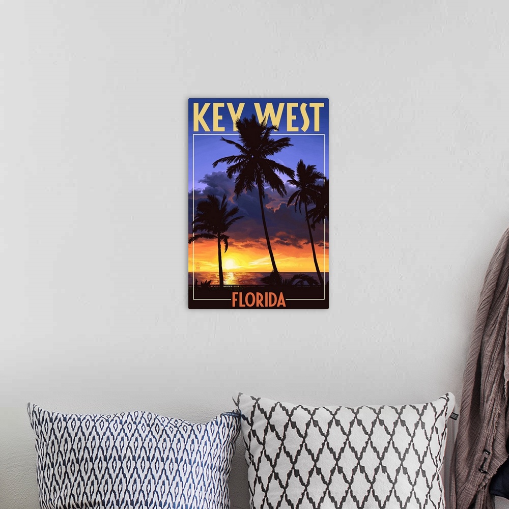 A bohemian room featuring Key West, Florida - Palms and Sunset: Retro Travel Poster