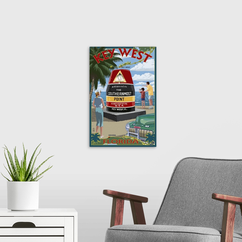 A modern room featuring Key West, Florida - Southernmost Point: Retro Travel Poster