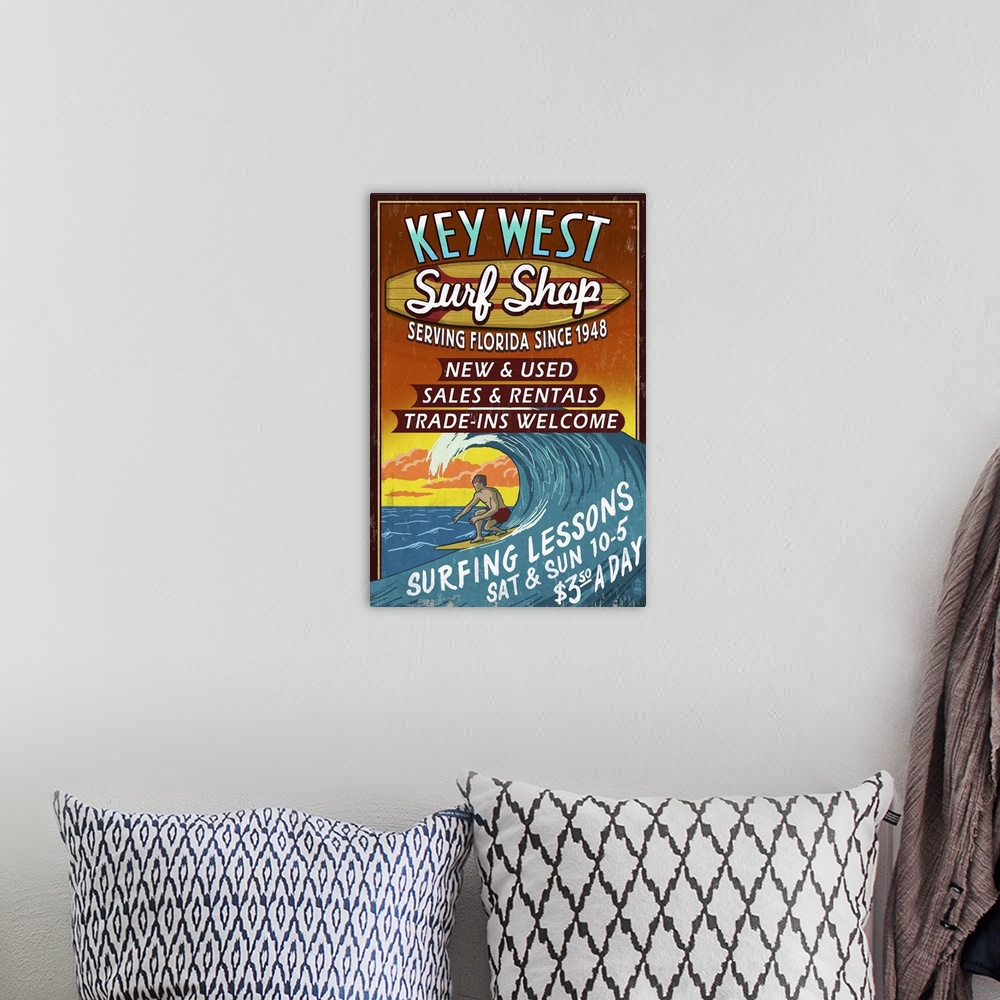 A bohemian room featuring Key West, Florida - Surf Shop Vintage Sign: Retro Travel Poster