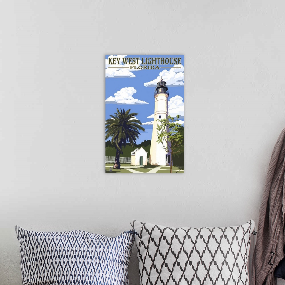 A bohemian room featuring Key West Lighthouse, Florida Day Scene: Retro Travel Poster