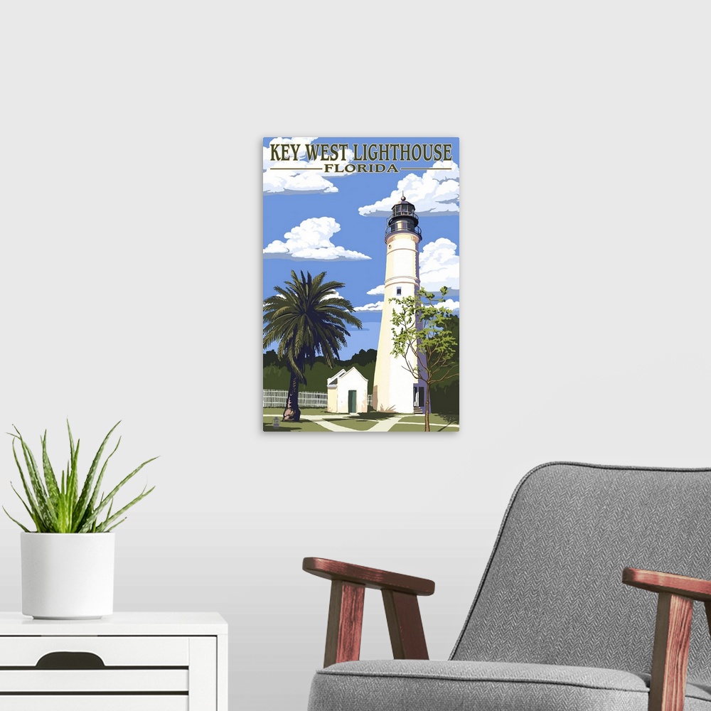 A modern room featuring Key West Lighthouse, Florida Day Scene: Retro Travel Poster