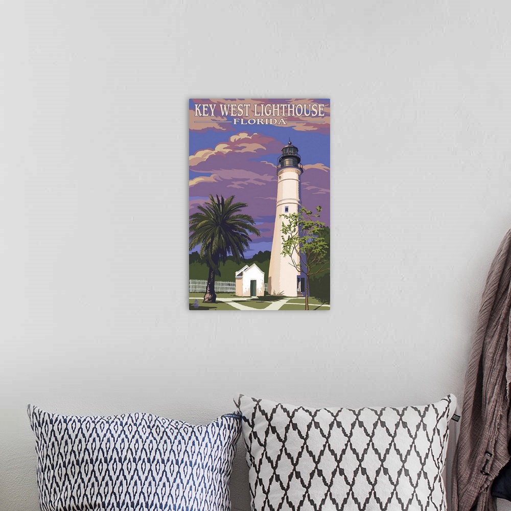 A bohemian room featuring Key West Lighthouse, Florida Sunset Scene: Retro Travel Poster