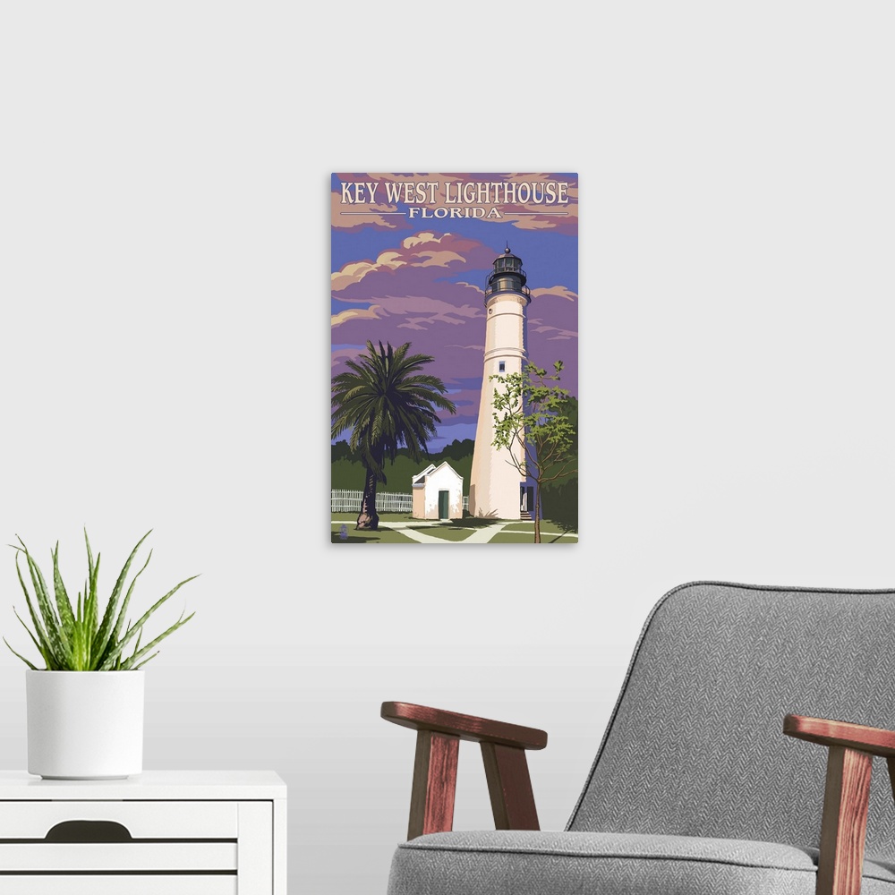 A modern room featuring Key West Lighthouse, Florida Sunset Scene: Retro Travel Poster
