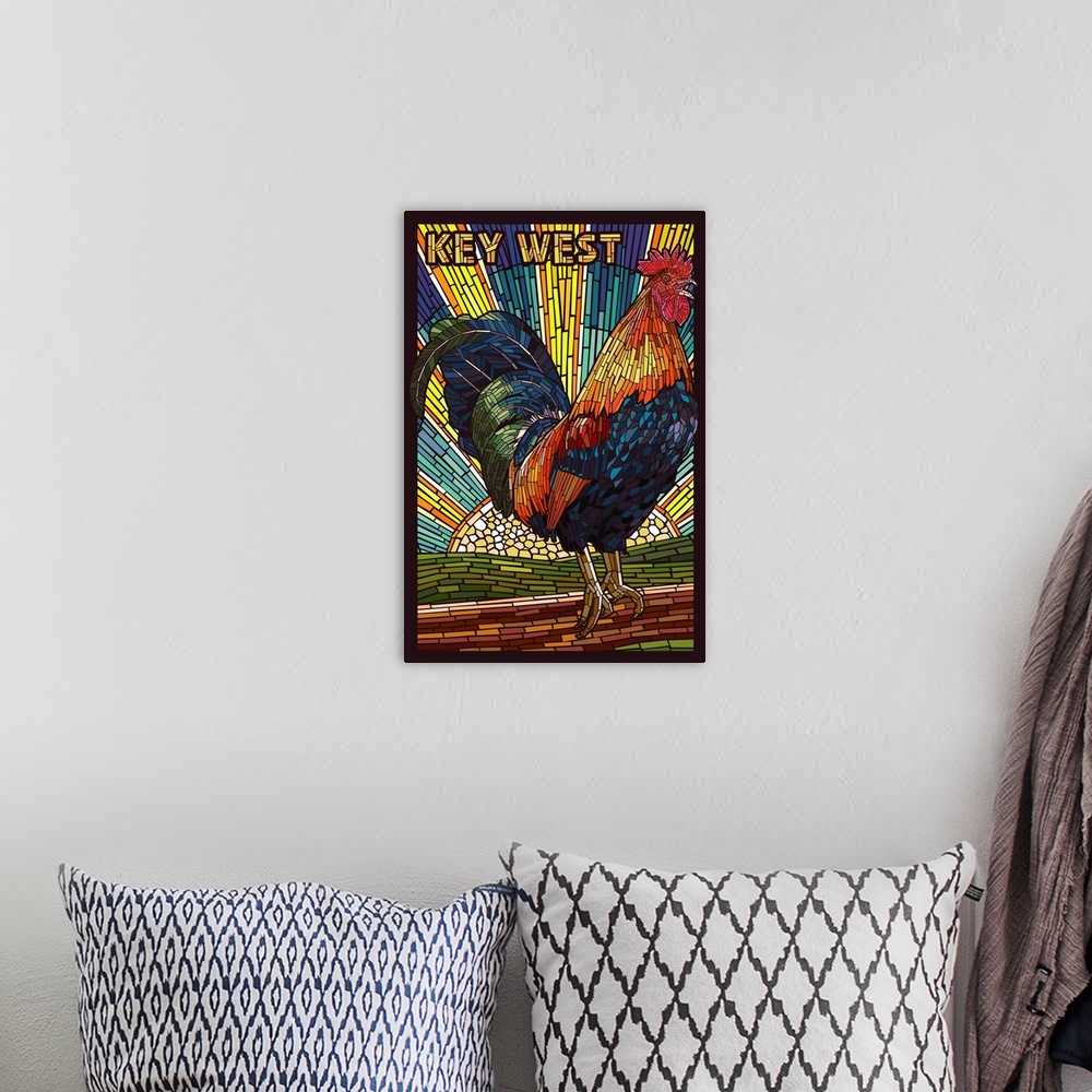 A bohemian room featuring Key West - Rooster Mosaic: Retro Travel Poster