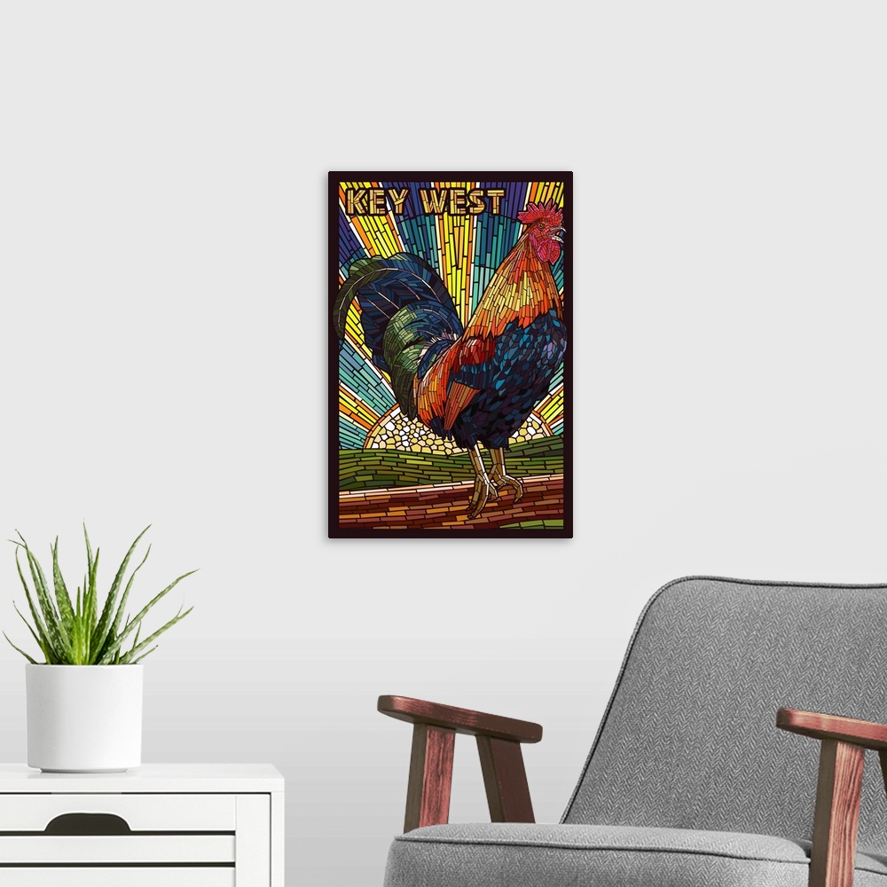 A modern room featuring Key West - Rooster Mosaic: Retro Travel Poster