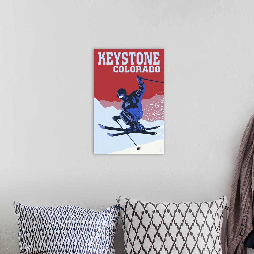 A bohemian room featuring Keystone, Colorado - Colorblocked Skier: Retro Travel Poster