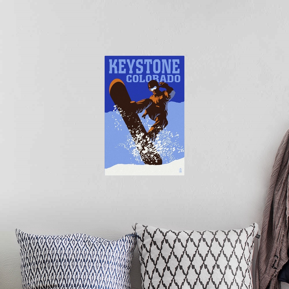 A bohemian room featuring Keystone, Colorado - Colorblocked Snowboarder: Retro Travel Poster
