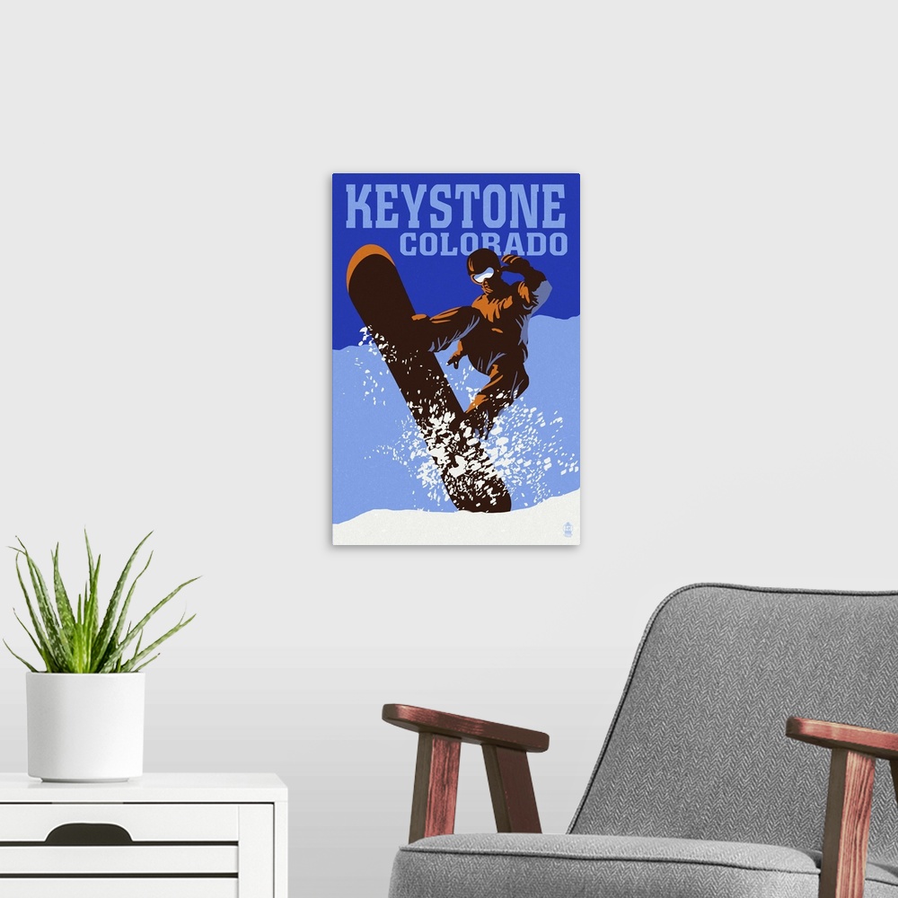 A modern room featuring Keystone, Colorado - Colorblocked Snowboarder: Retro Travel Poster