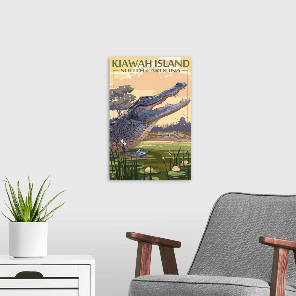 A modern room featuring Kiawah Island, South Carolina - Alligator Scene: Retro Travel Poster