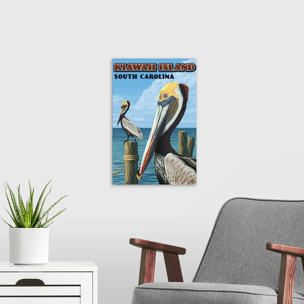 A modern room featuring Kiawah Island, South Carolina - Pelicans: Retro Travel Poster