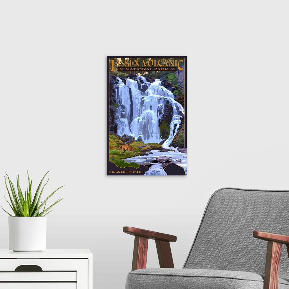 A modern room featuring Kings Creek Falls - Lassen Volcanic National Park, CA: Retro Travel Poster