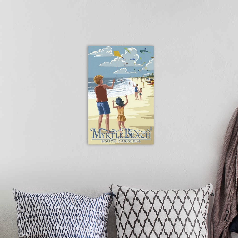 A bohemian room featuring Kite Flyers - Myrtle Beach, South Carolina -  : Retro Travel Poster