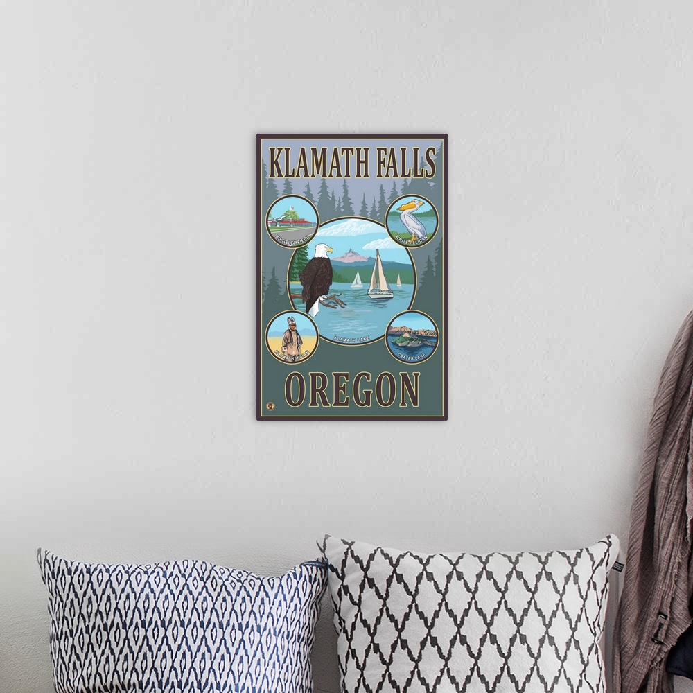 A bohemian room featuring Klamath Falls, Oregon: Retro Travel Poster