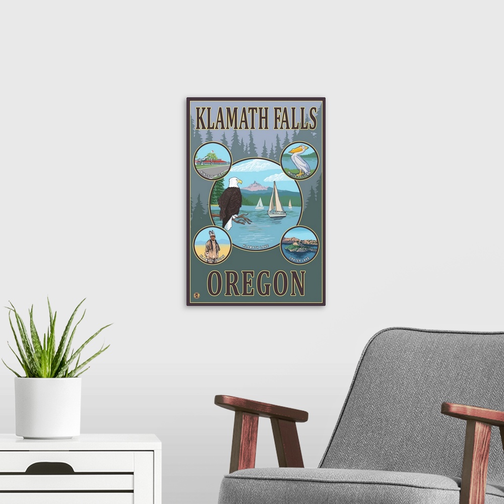A modern room featuring Klamath Falls, Oregon: Retro Travel Poster