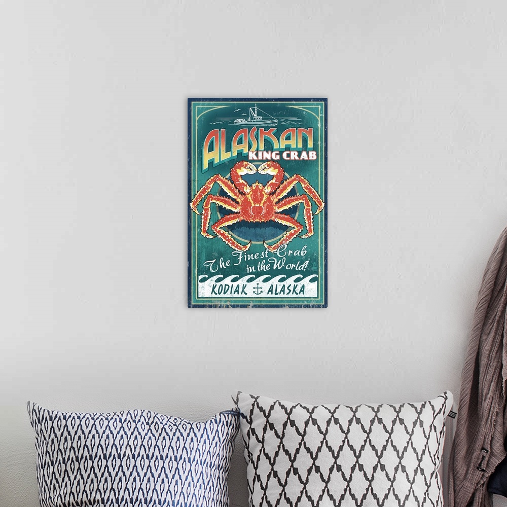 A bohemian room featuring Kodiak, Alaska, King Crab Vintage Sign