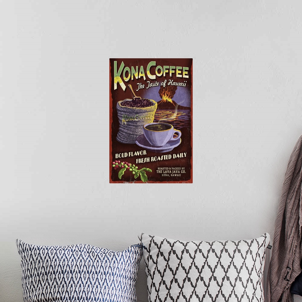 A bohemian room featuring Kona Coffee Vintage Sign - Hawaii: Retro Travel Poster