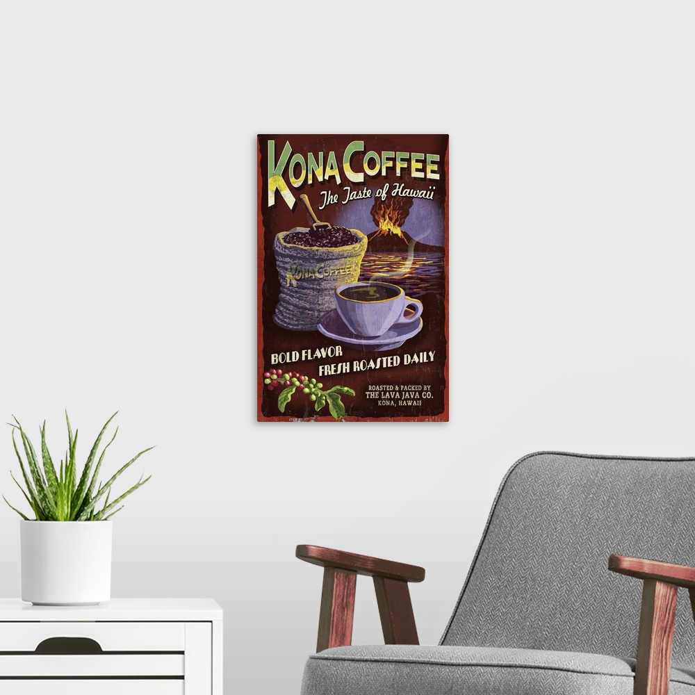 A modern room featuring Kona Coffee Vintage Sign - Hawaii: Retro Travel Poster