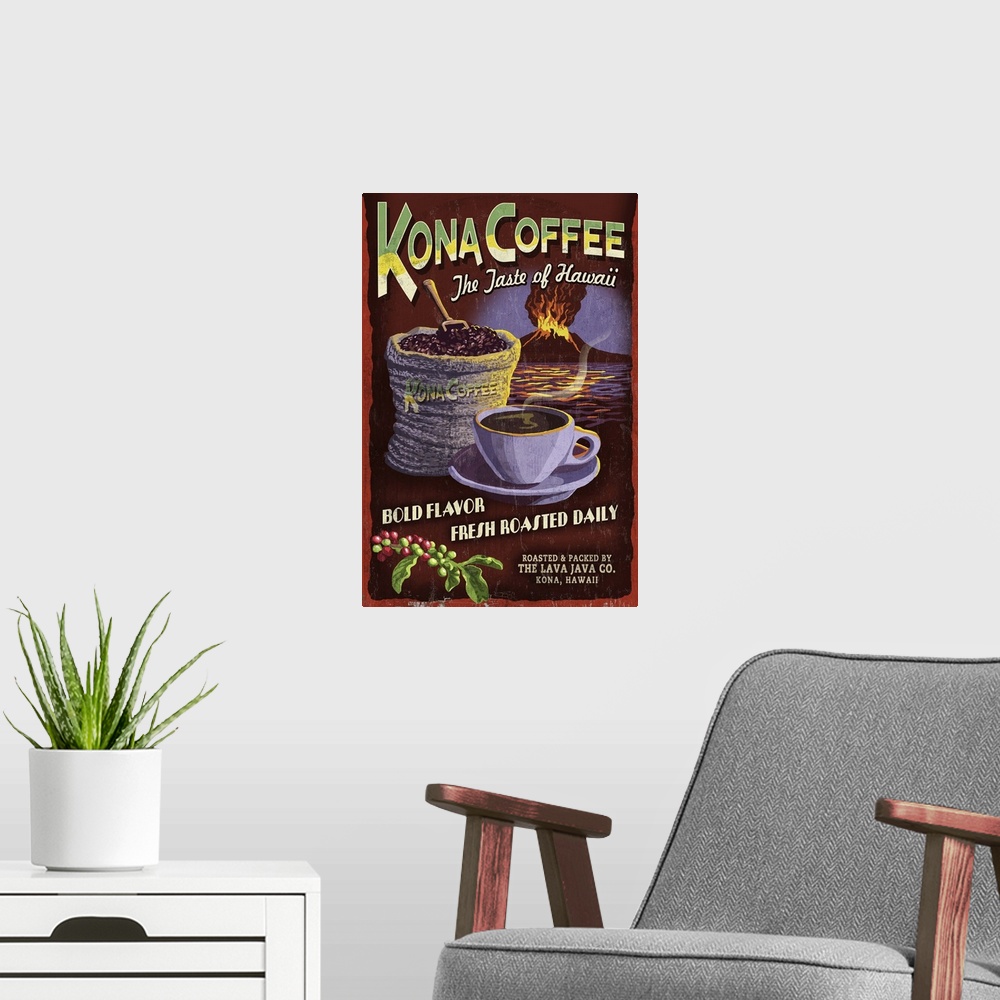 A modern room featuring Kona Coffee Vintage Sign - Hawaii: Retro Travel Poster