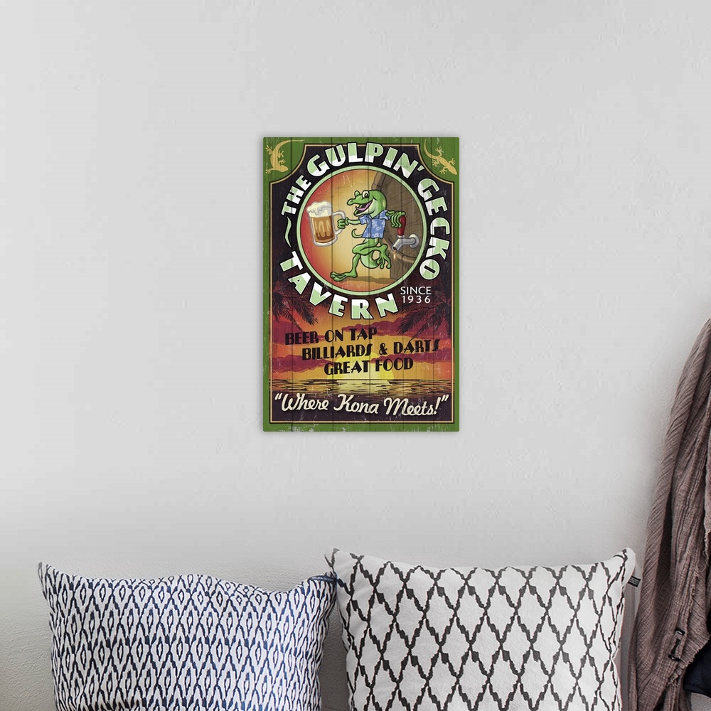 A bohemian room featuring Retro stylized art poster of sign for a beer, with an illustrated gecko holding a beer mug.