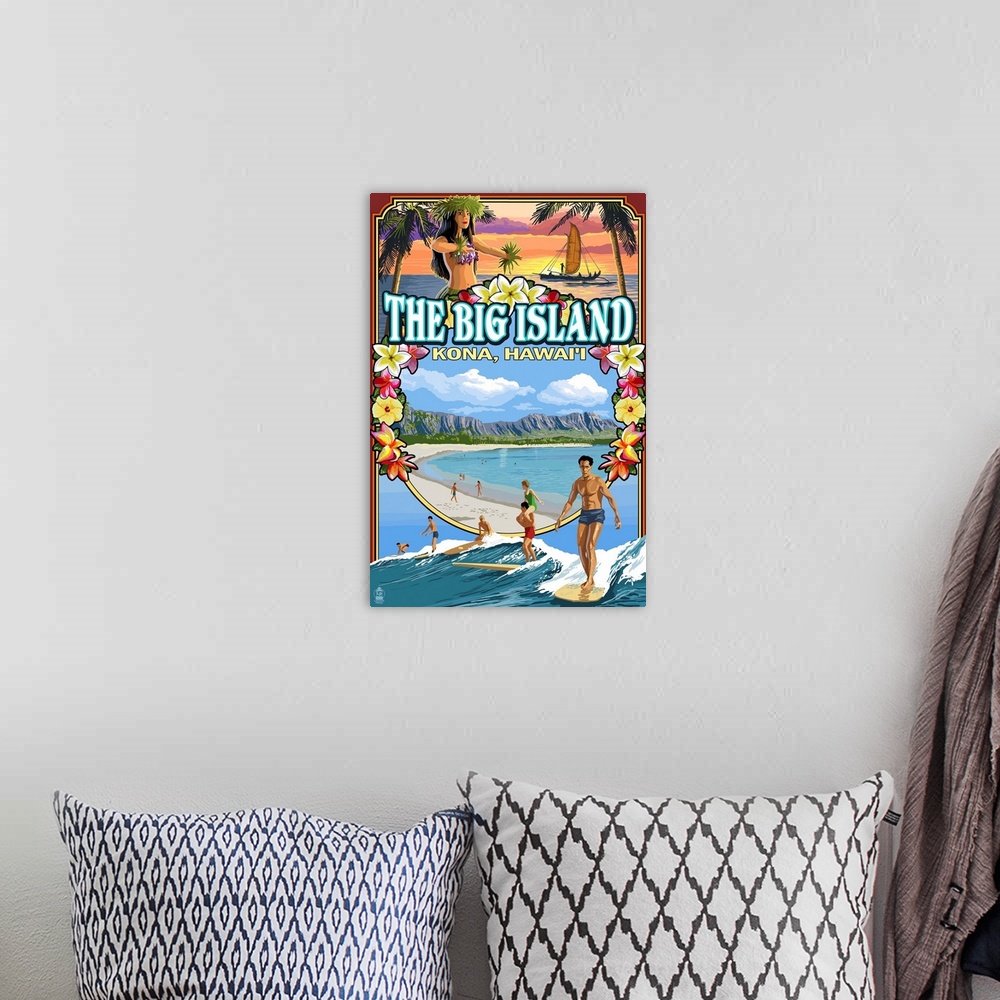 A bohemian room featuring Retro stylized art poster of surfers in the ocean.