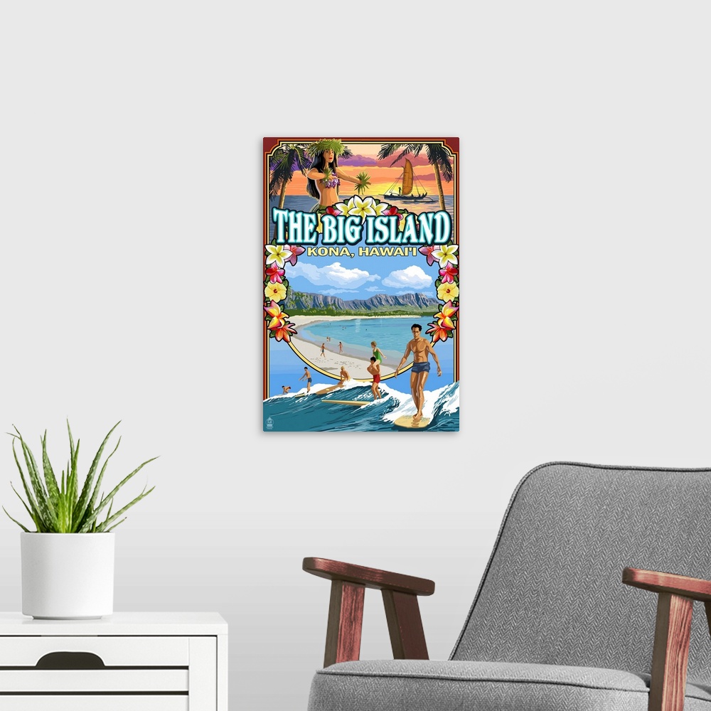 A modern room featuring Retro stylized art poster of surfers in the ocean.