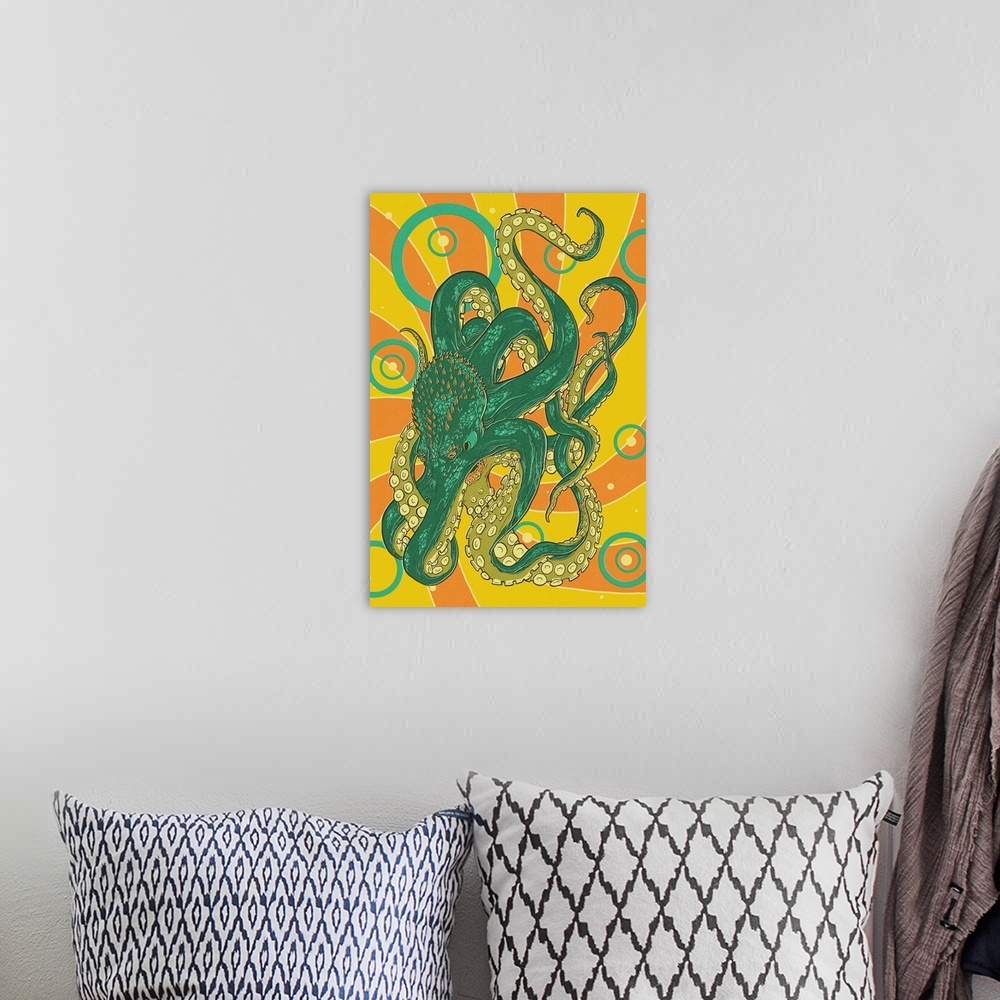 A bohemian room featuring Kraken - Letterpress: Retro Poster Art