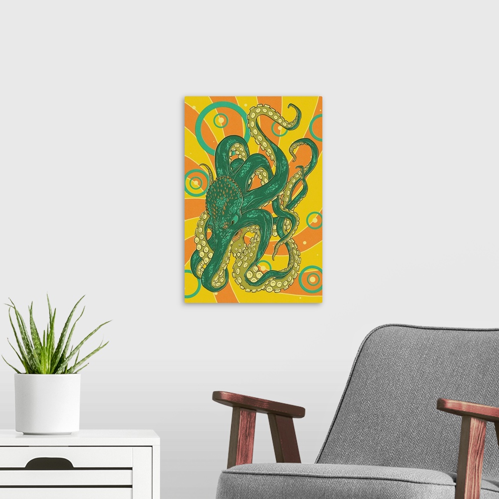 A modern room featuring Kraken - Letterpress: Retro Poster Art