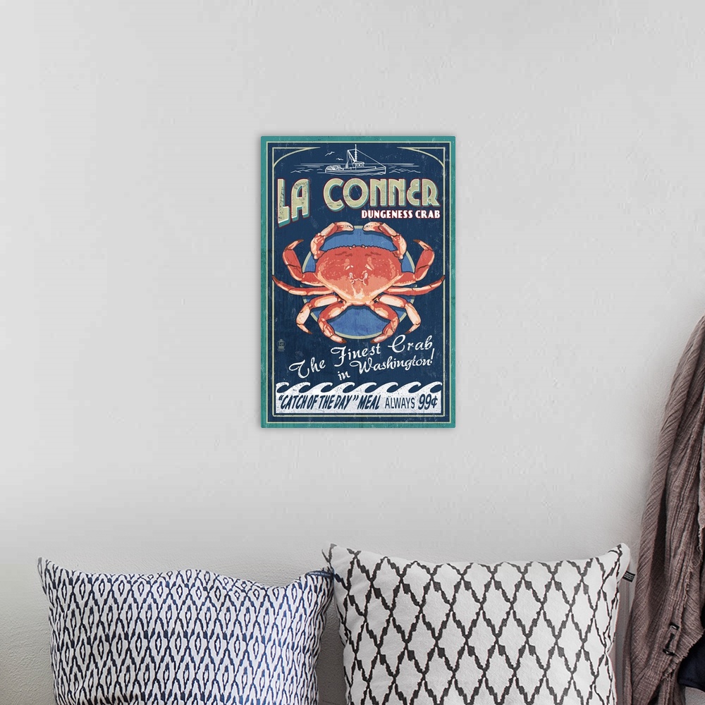 A bohemian room featuring La Connor, Washington, Crab Vintage Sign