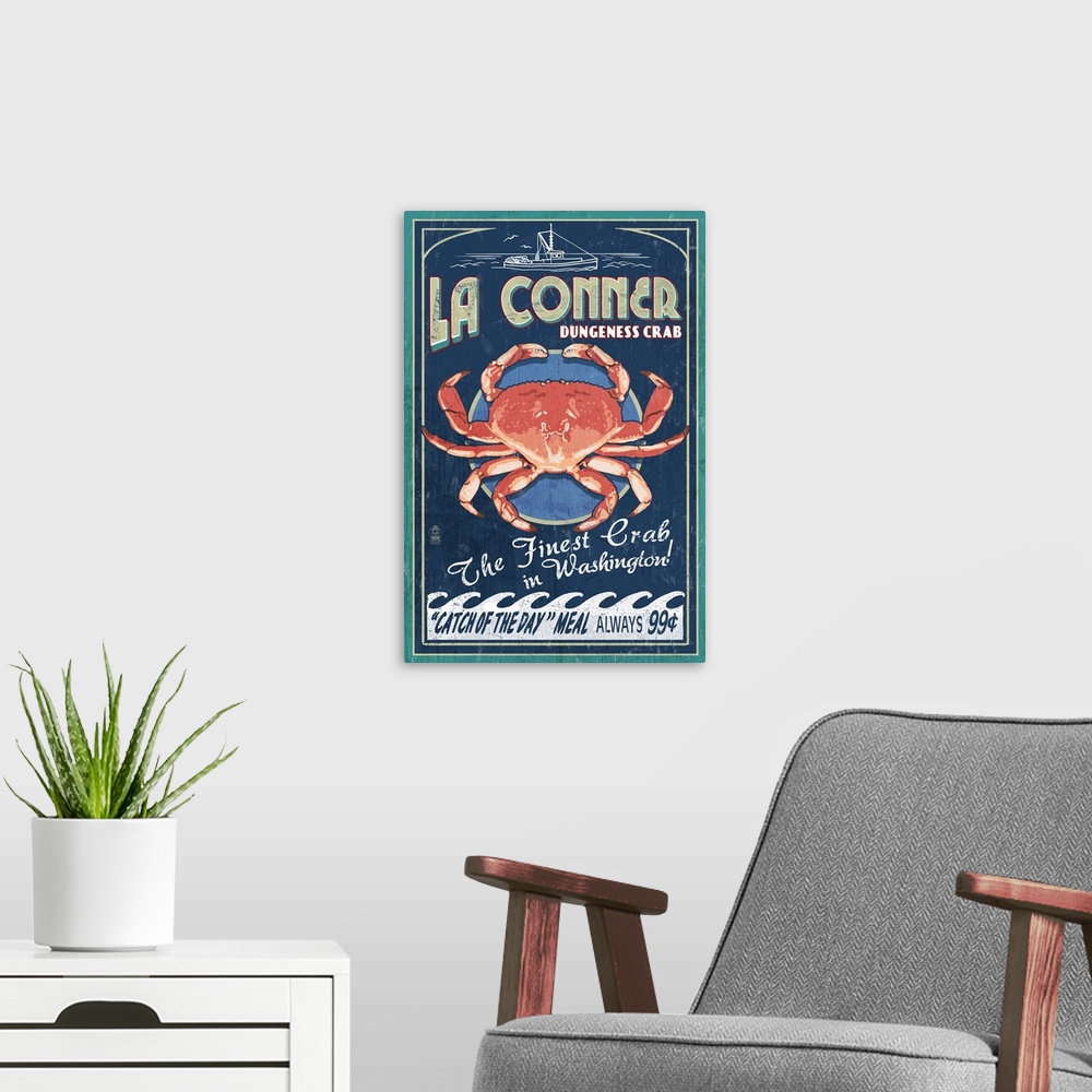 A modern room featuring La Connor, Washington, Crab Vintage Sign