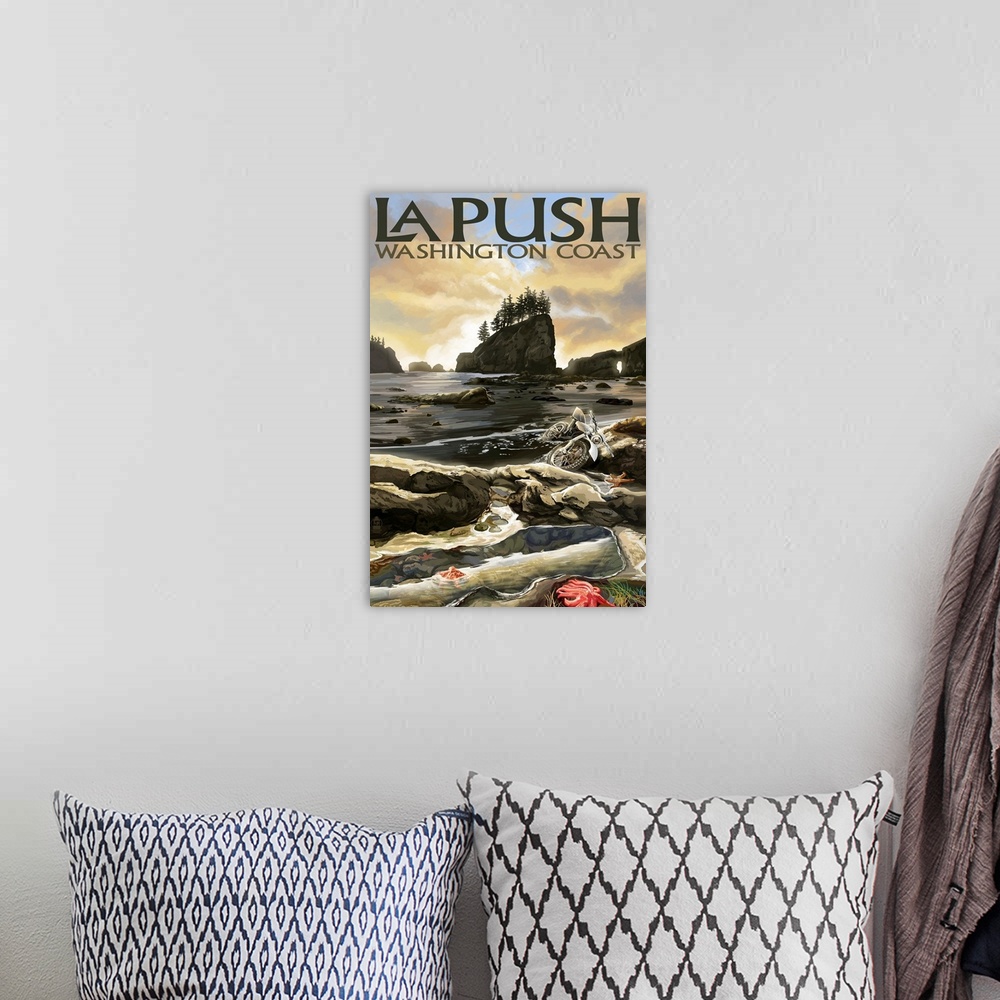 A bohemian room featuring Retro stylized art poster of a rigged coastal landscape, with large fluffy clouds in the distance.