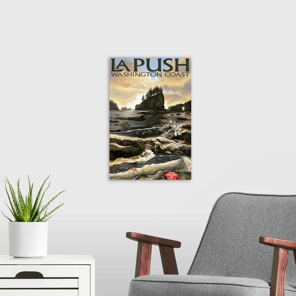 A modern room featuring Retro stylized art poster of a rigged coastal landscape, with large fluffy clouds in the distance.
