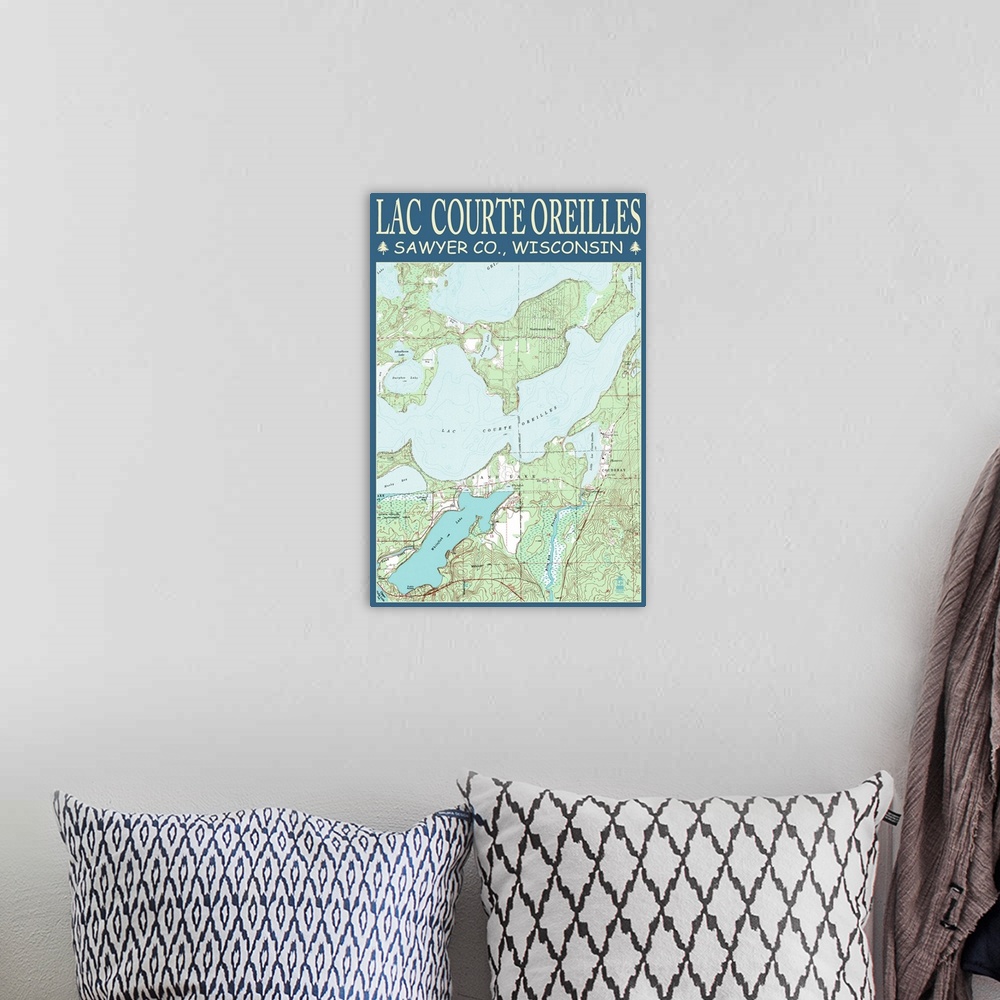 A bohemian room featuring Lac Courte Oreilles Chart - Sawyer County, Wisconsin: Retro Travel Poster