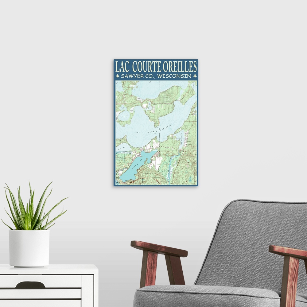A modern room featuring Lac Courte Oreilles Chart - Sawyer County, Wisconsin: Retro Travel Poster