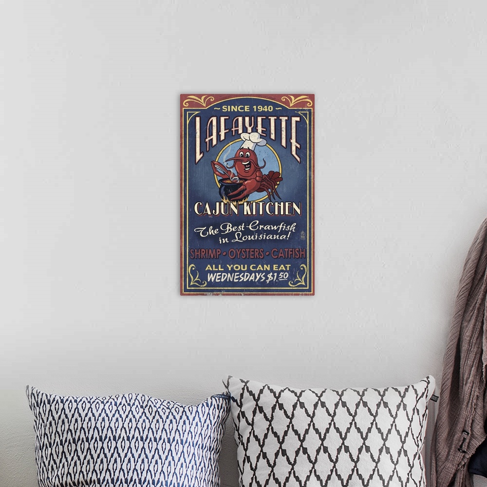 A bohemian room featuring Lafayette, Louisiana - Cajun Kitchen Vintage Sign: Retro Travel Poster