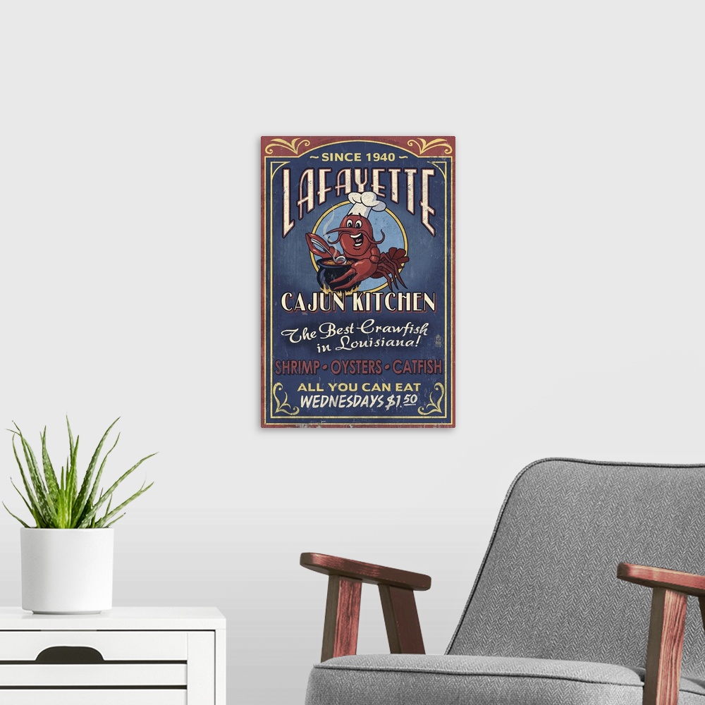 A modern room featuring Lafayette, Louisiana - Cajun Kitchen Vintage Sign: Retro Travel Poster