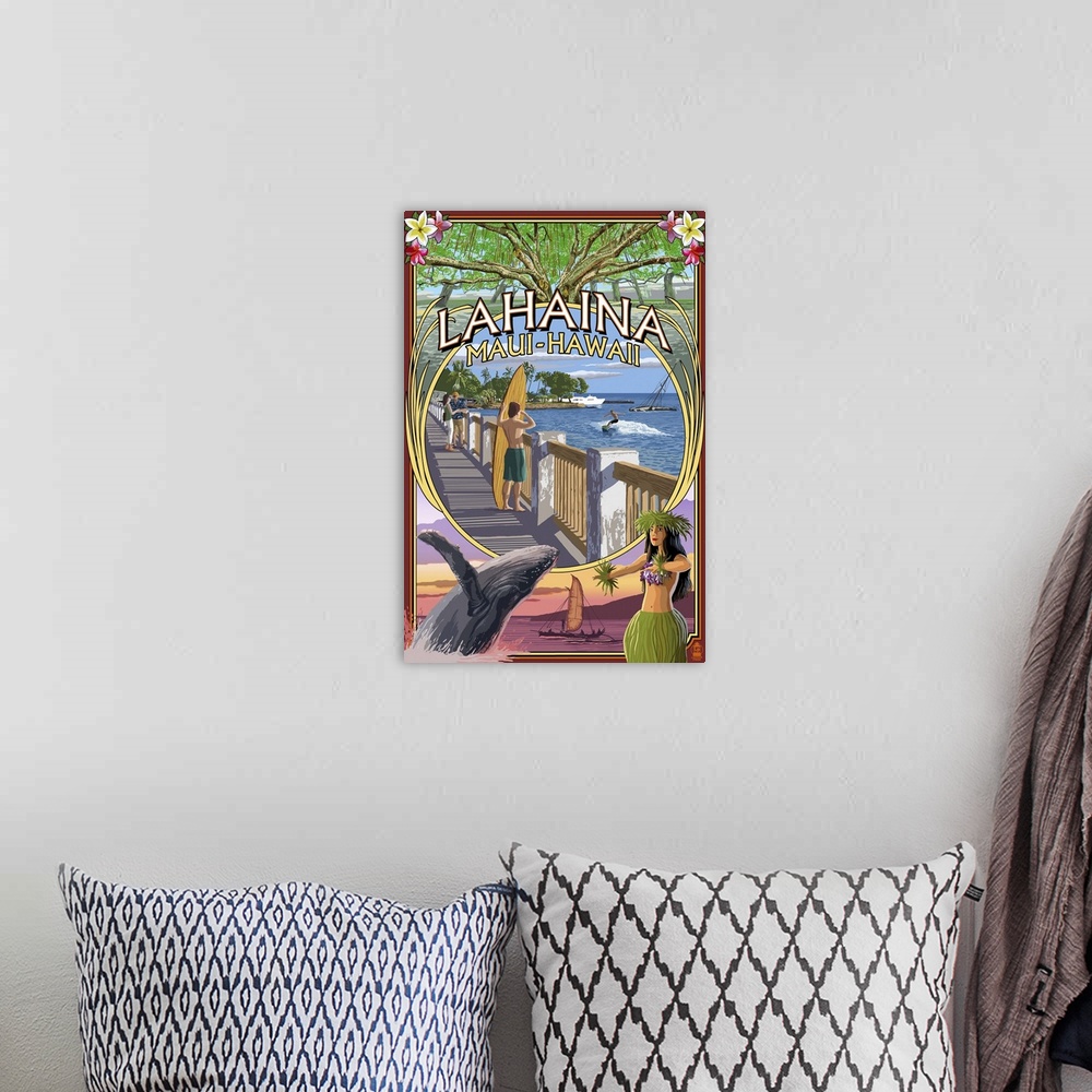 A bohemian room featuring Lahaina, Maui, Hawaii - Town Scenes Montage: Retro Travel Poster