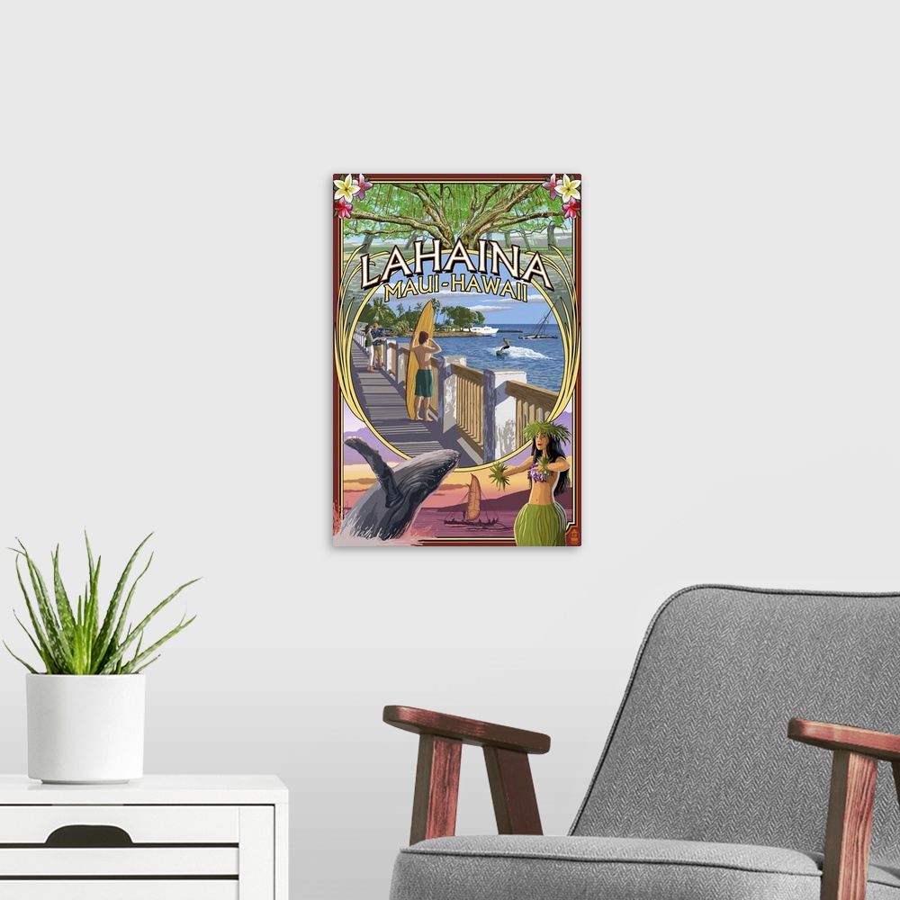 A modern room featuring Lahaina, Maui, Hawaii - Town Scenes Montage: Retro Travel Poster