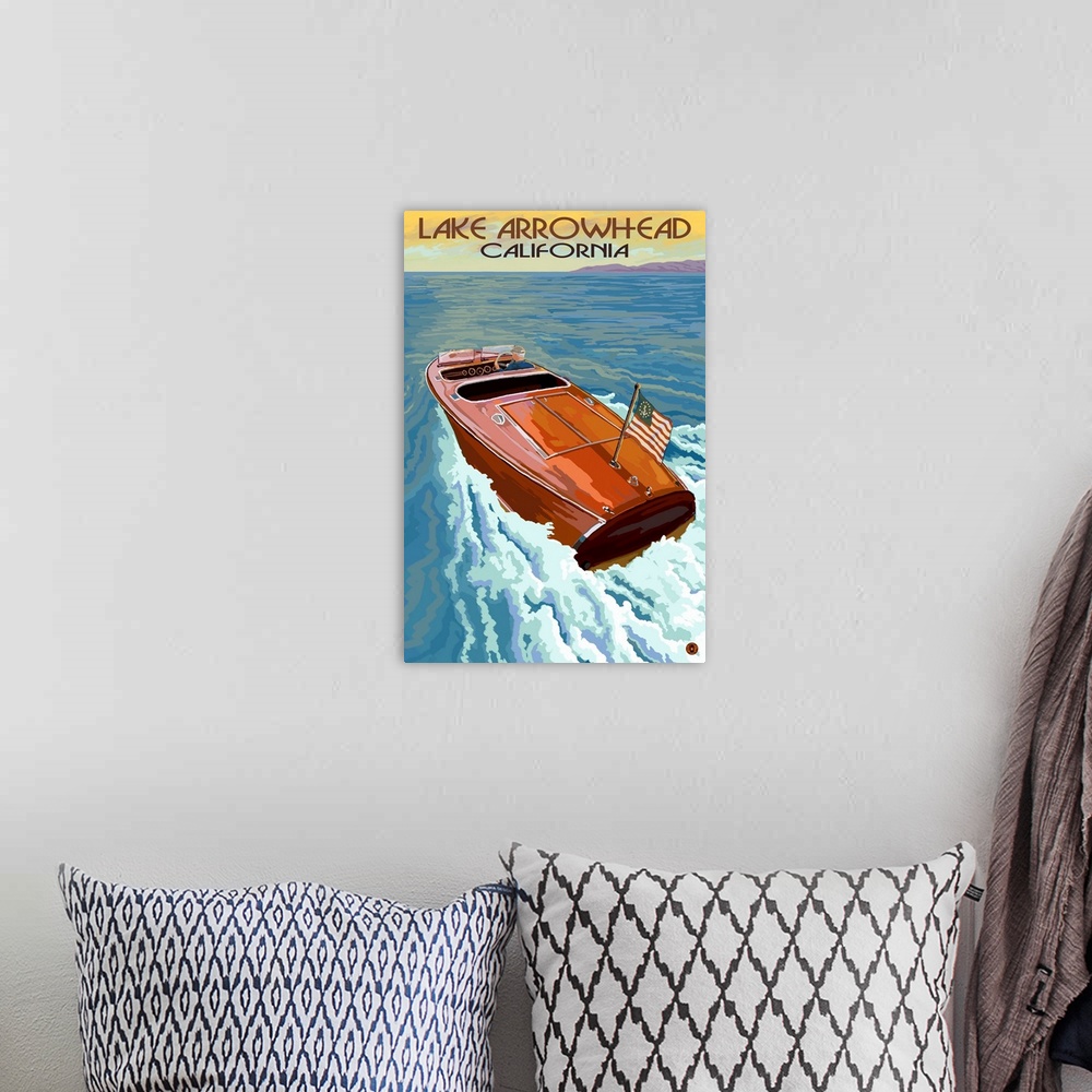 A bohemian room featuring Lake Arrowhead - California - Wooden Boat: Retro Travel Poster