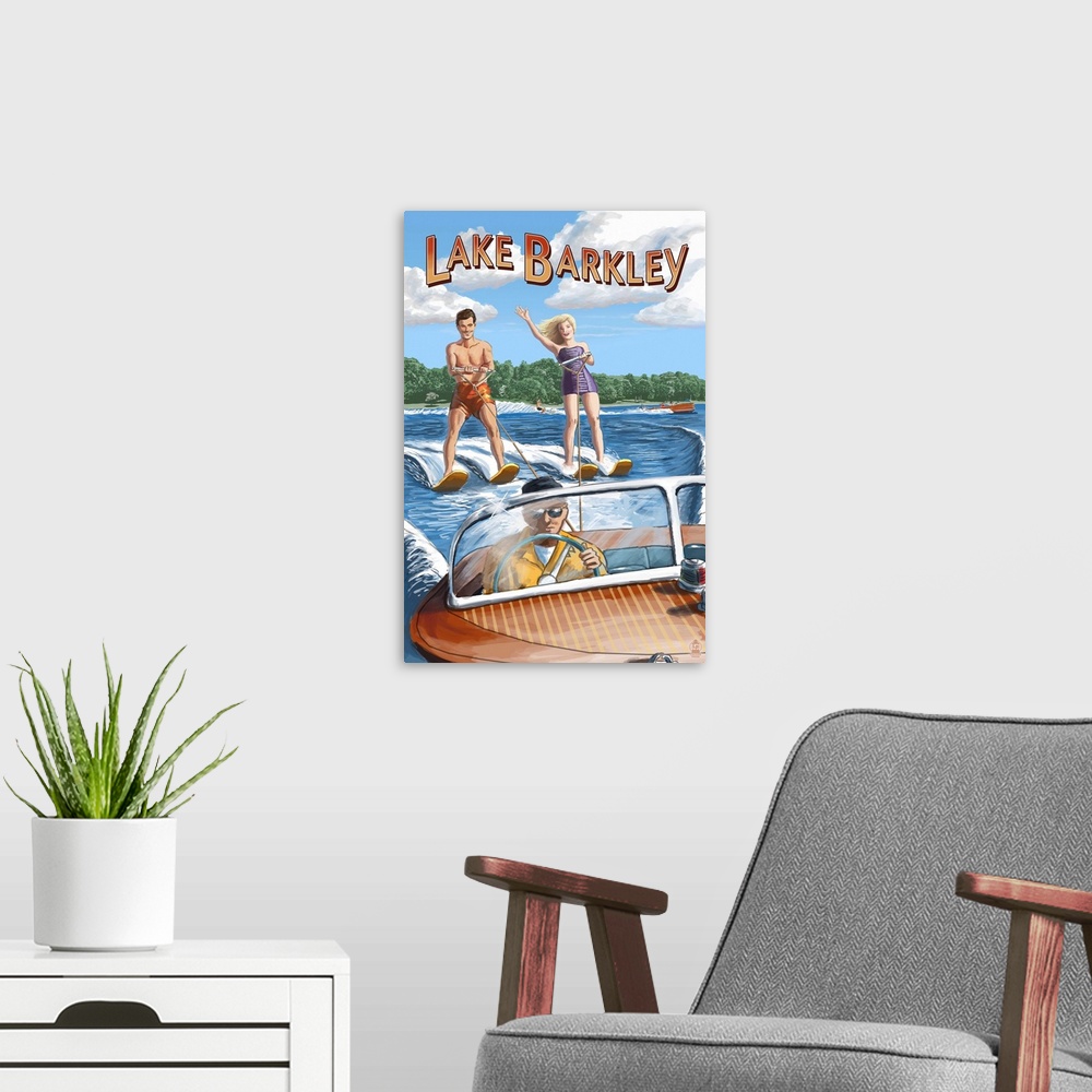 A modern room featuring Lake Barkley, Kentucky - Water Skiing: Retro Travel Poster