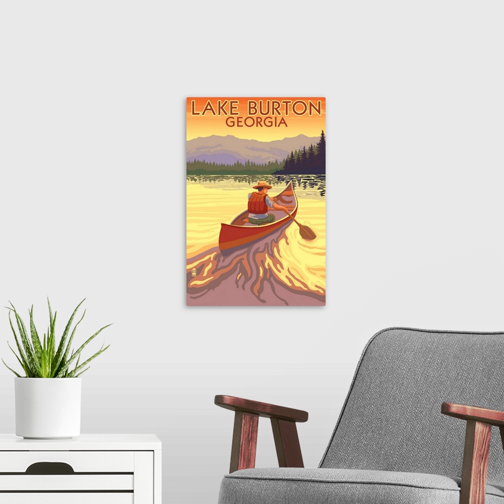 A modern room featuring Retro stylized art poster of a man in a canoe paddling toward a line of trees at sunset.
