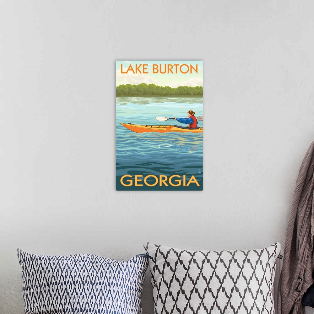 A bohemian room featuring Retro stylized art poster of a woman in a kayak paddling in clear blue water.