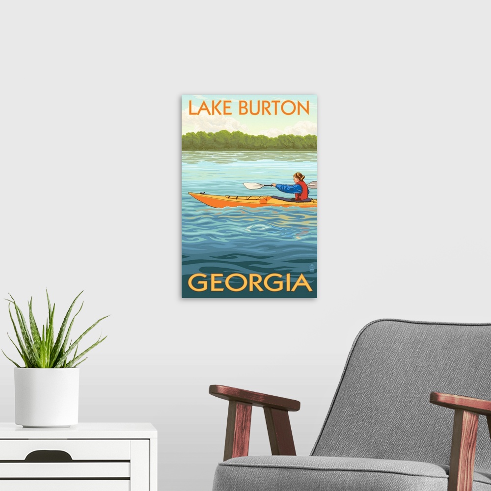 A modern room featuring Retro stylized art poster of a woman in a kayak paddling in clear blue water.