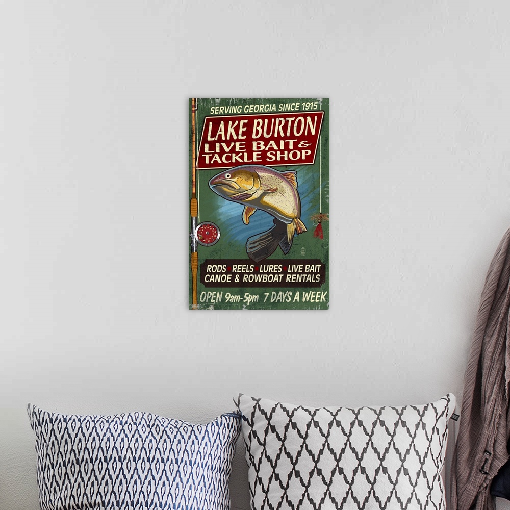 A bohemian room featuring Lake Burton, Georgia - Tackle Shop Trout Vintage Sign: Retro Travel Poster